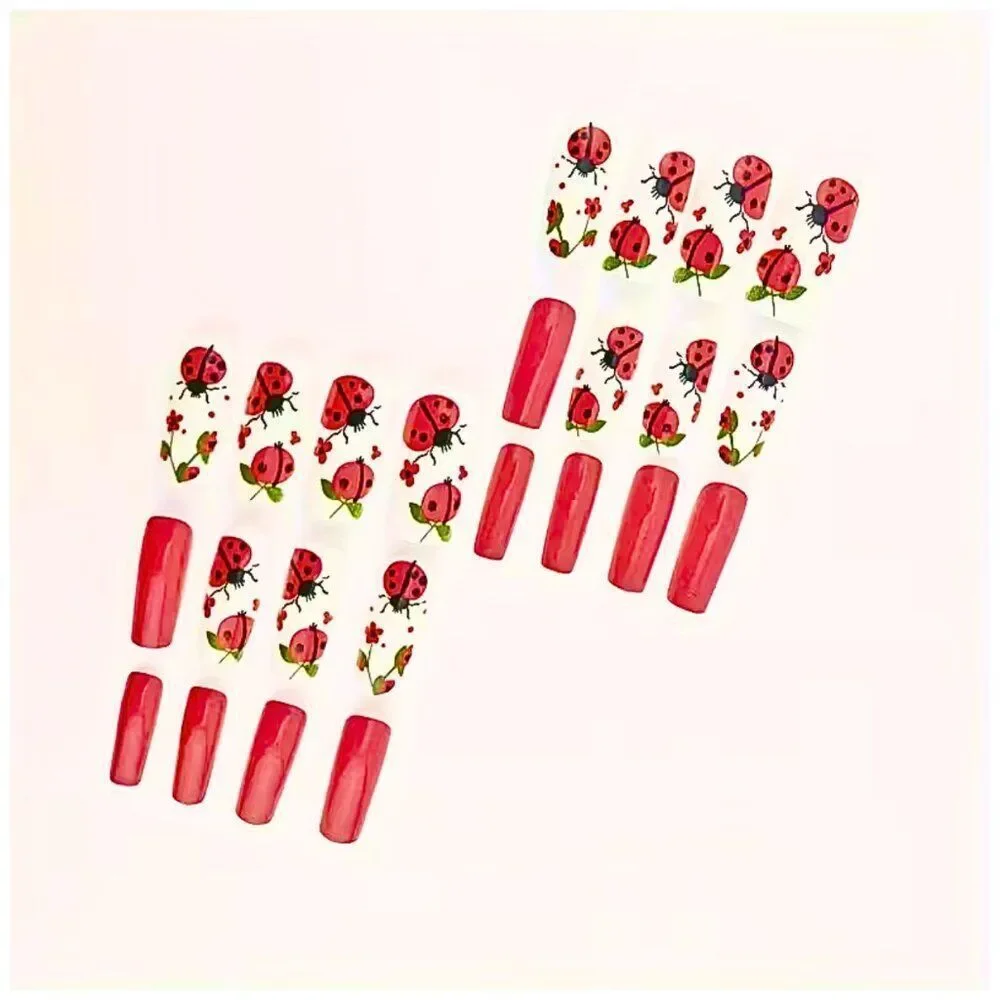 NWT Custom Ballet Mid Length Ladybug Press On Nails Floral 24 Pcs Set